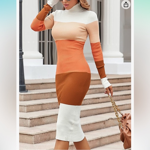 Multi Color Turtleneck Ribbed Long Sleeve Midi Dress, Amazon - Picture 2 of 6